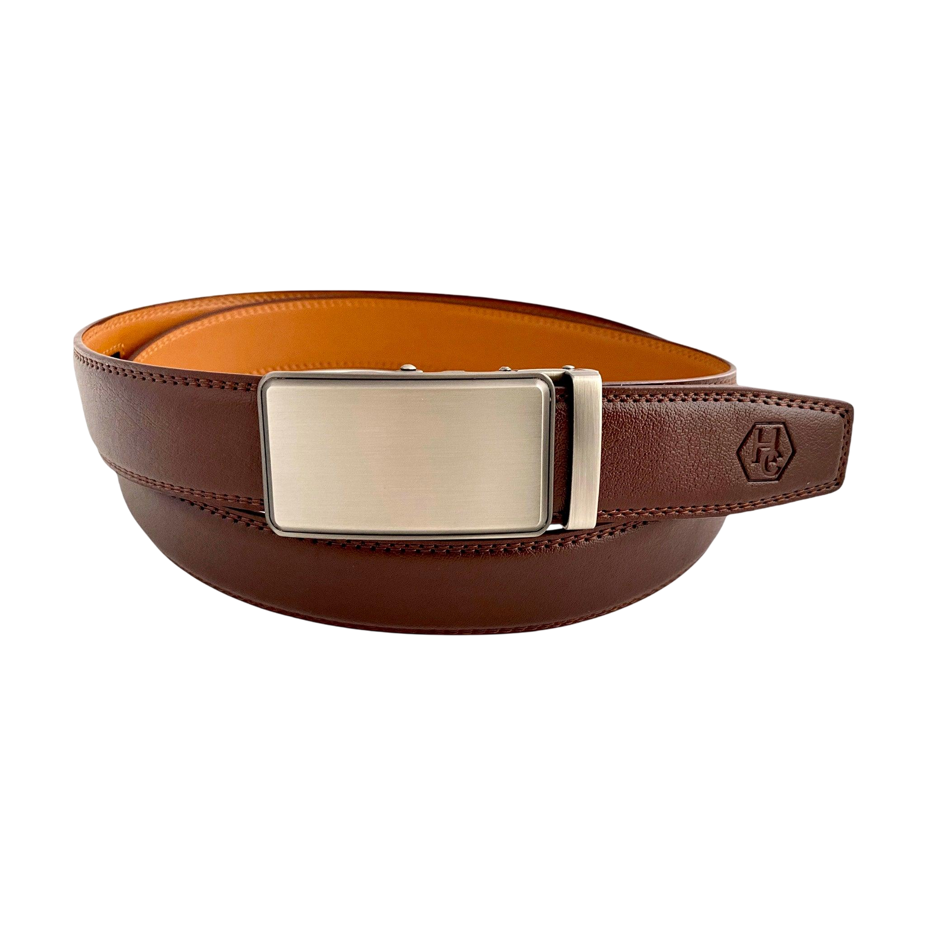 Red-brown leather ratchet belt with silver buckle, front view