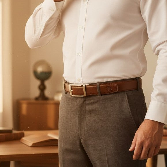 Man wearing red-brown leather ratchet belt, white shirt and gray pants