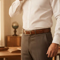 Man wearing red-brown leather ratchet belt, white shirt and gray pants