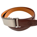 Red-brown leather ratchet belt, strap texture close-up
