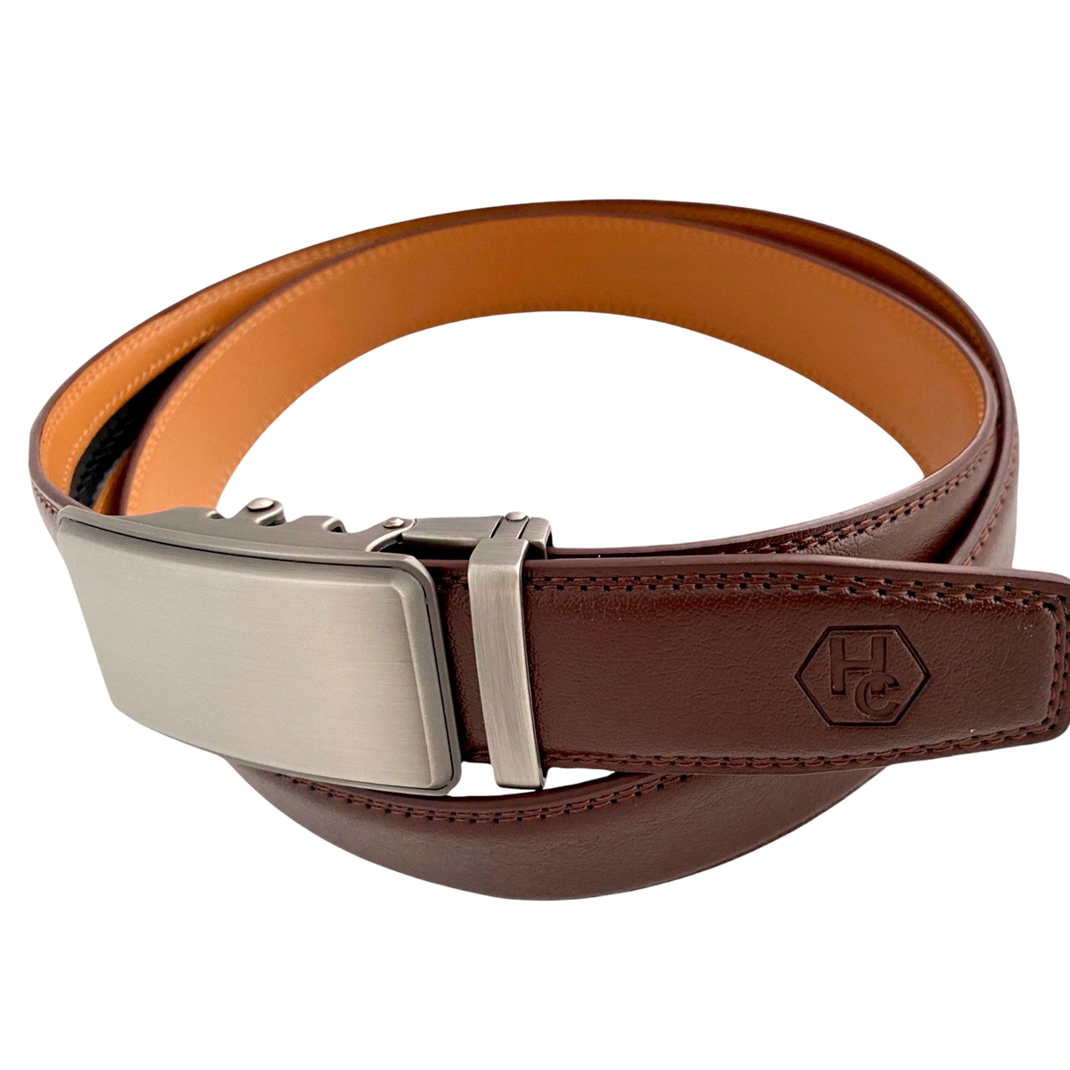 Red-brown leather ratchet belt, strap texture close-up