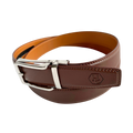 Red-brown leather ratchet belt with silver hollow buckle, buckle detail close-up