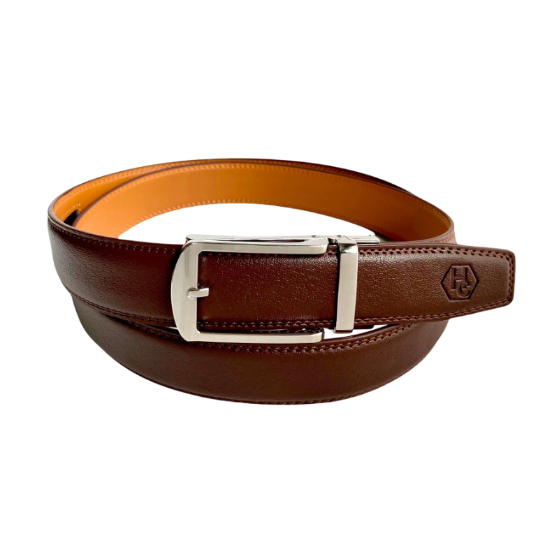 Red-brown leather ratchet belt with silver hollow buckle, front view
