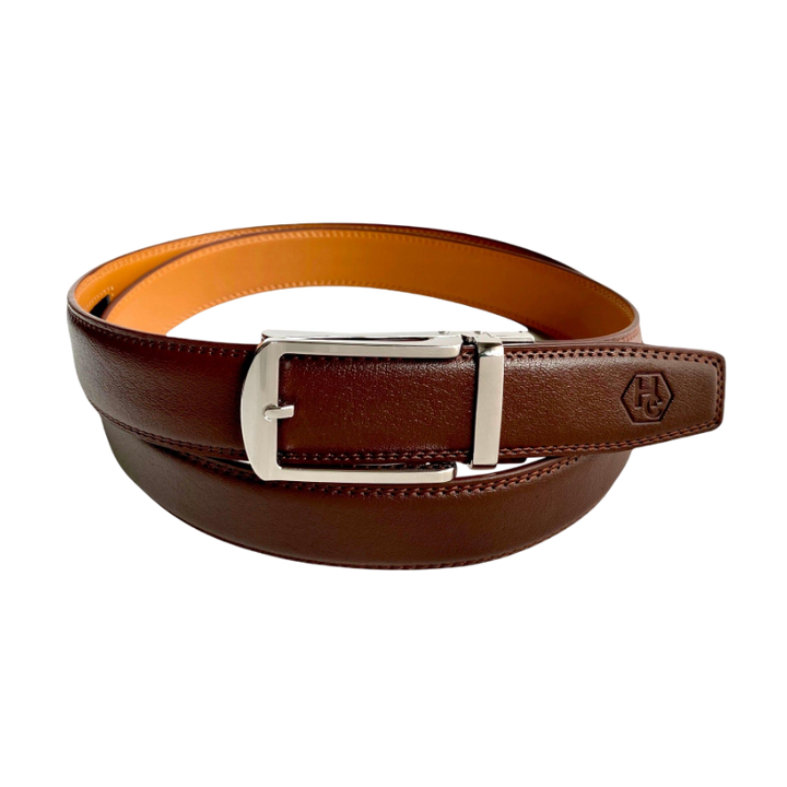 Red-brown leather ratchet belt with silver hollow buckle, front view