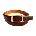 Red-brown leather ratchet belt with silver hollow buckle, front view