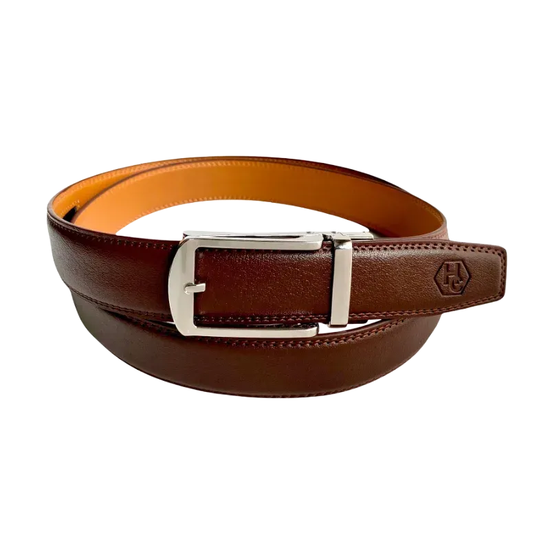 Red-brown leather ratchet belt with silver hollow buckle, front view