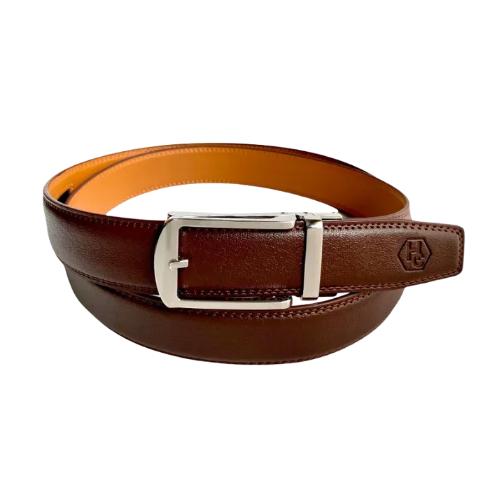 Red-brown leather ratchet belt with silver hollow buckle, front view