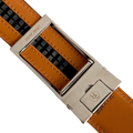Red-brown leather ratchet belt with silver hollow buckle, hardware close-up