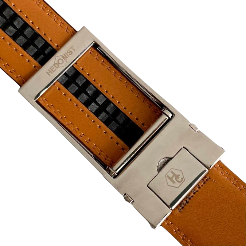 Red-brown leather ratchet belt with silver hollow buckle, hardware close-up