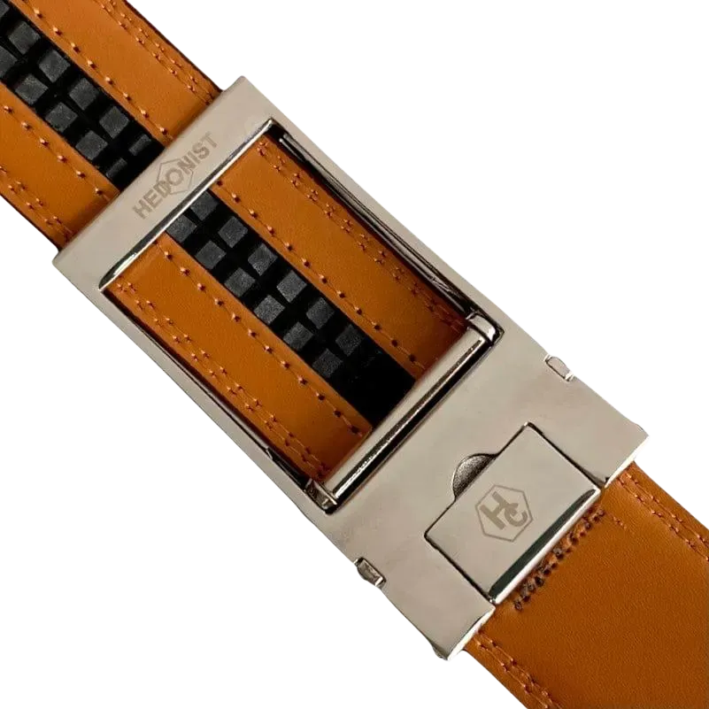 Red-brown leather ratchet belt with silver hollow buckle, hardware close-up
