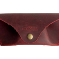 Soft Leather Eye Glasses Case in Red, closed, front view with embossed Hedonist logo and snap closure