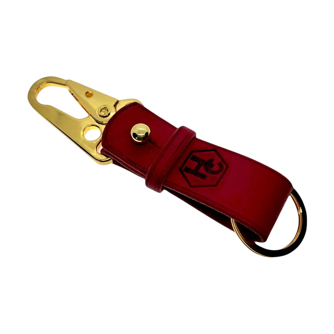 Red and gold leather key chain, full grain leather, front view