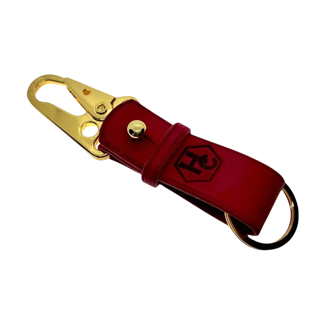 Red and gold leather key chain, full grain leather, front view