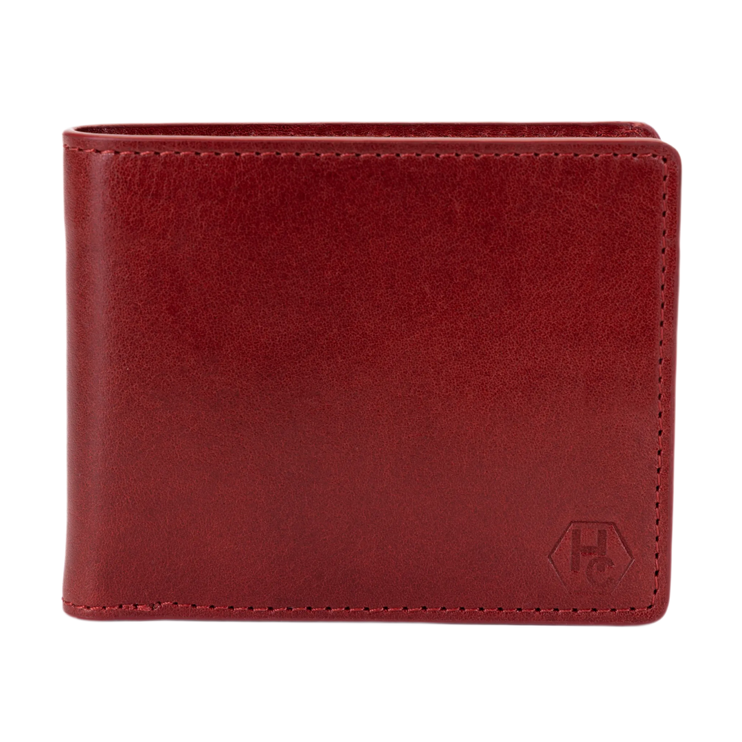 A dark red leather bi-fold wallet with visible stitching and a debossed geometric logo in the bottom right corner, shown against a plain white background.