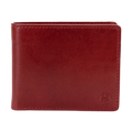 A dark red leather bi-fold wallet with visible stitching and a debossed geometric logo in the bottom right corner, shown against a plain white background.