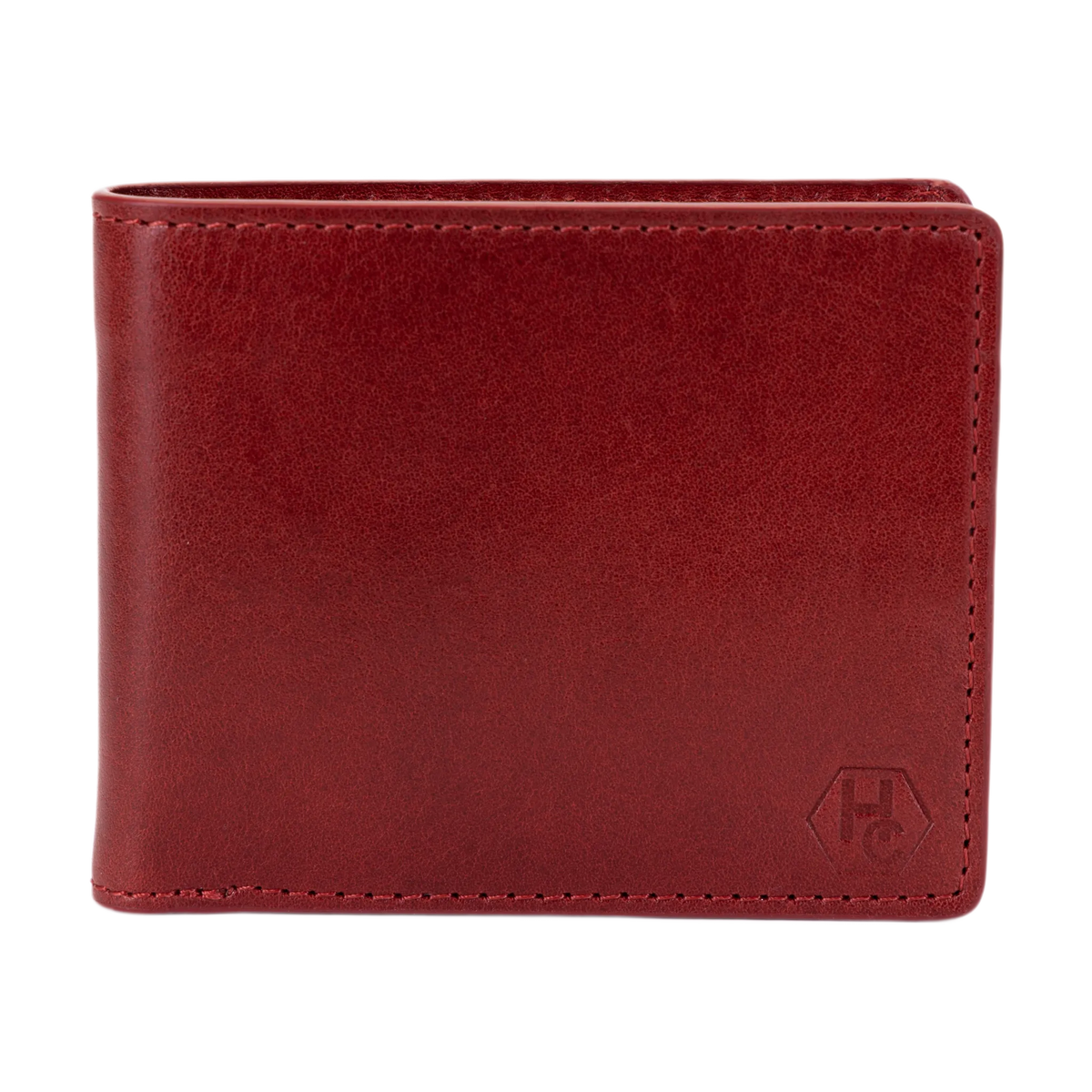 A dark red leather bi-fold wallet with visible stitching and a debossed geometric logo in the bottom right corner, shown against a plain white background.