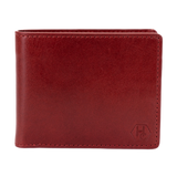 A dark red leather bi-fold wallet with visible stitching and a debossed geometric logo in the bottom right corner, shown against a plain white background.