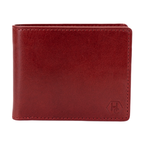 A dark red leather bi-fold wallet with visible stitching and a debossed geometric logo in the bottom right corner, shown against a plain white background.