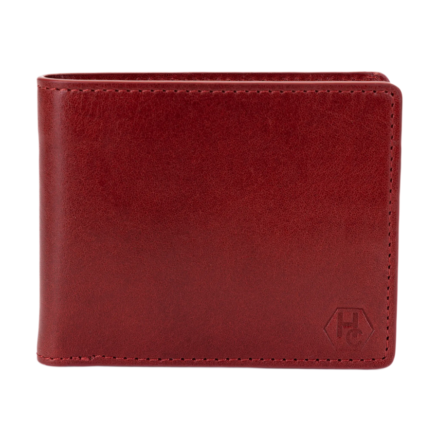 A dark red leather bi-fold wallet with visible stitching and a debossed geometric logo in the bottom right corner, shown against a plain white background.