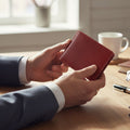 Person holding a red wallet on a wooden table with a blurred background