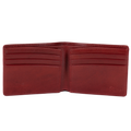 A red leather bifold wallet open at an angle, showing card slots and stitching detail