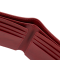 Close-up of an open red leather wallet showing card slots and interior stitching on a white background.
