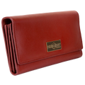 Red pebbled leather trifold wallet for women closed, gold-tone Hedonist Chicago plaque on front