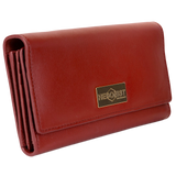Red pebbled leather trifold wallet for women closed, gold-tone Hedonist Chicago plaque on front