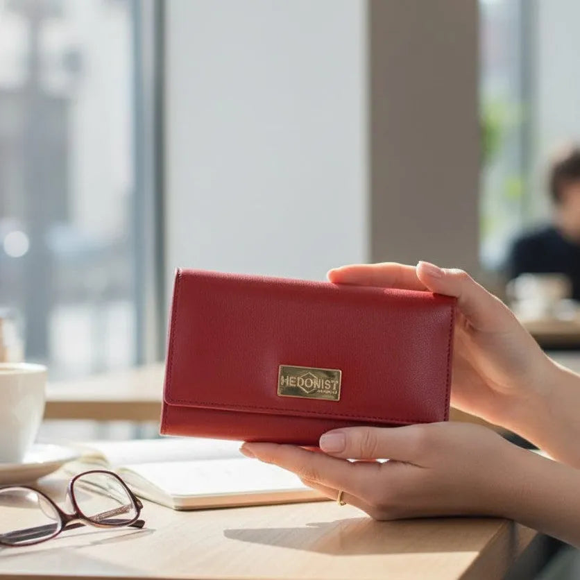 Woman holding the red pebbled leather trifold wallet, blurred cafe background