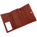Red pebbled leather trifold wallet open showing card slots, ID window, and snap closure