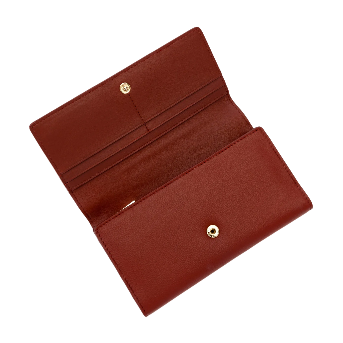 Close-up of the gold-tone snap closure on red pebbled leather trifold wallet