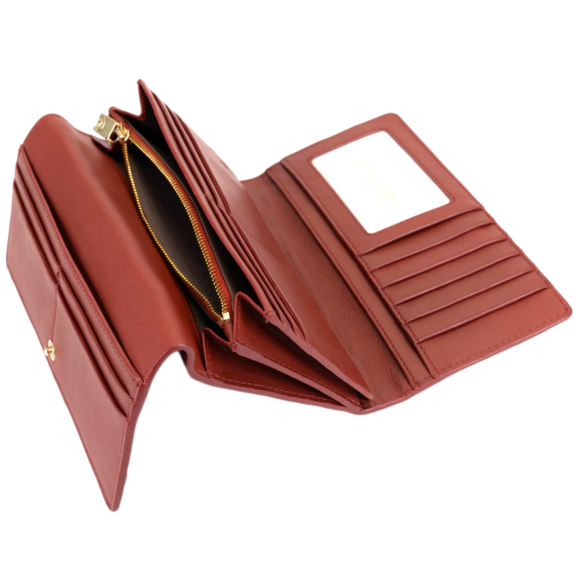Red pebbled leather trifold wallet open showing card slots, zip compartment, and gold zipper pull