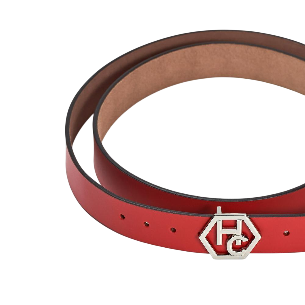 Buckle close-up on women's seamless edge leather belt - red - Hedonist Chicago - close-up view (1"/1.3")