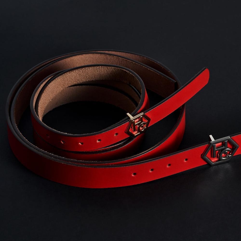 Side view on women's seamless edge leather belt - red - Hedonist Chicago - close-up view (1"/1.3")