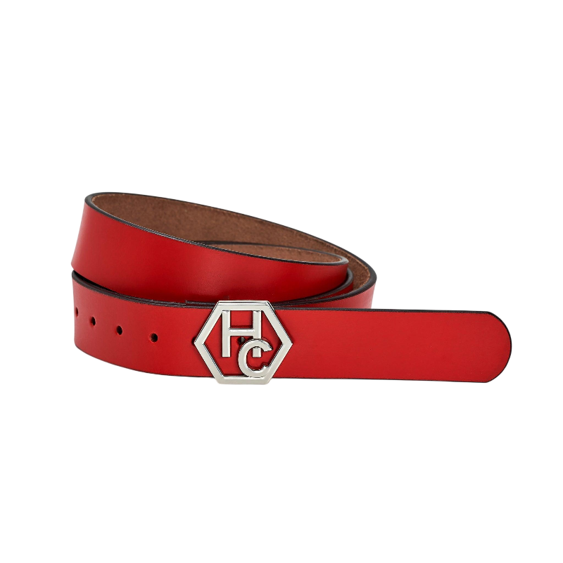 Side view on women's seamless edge leather belt - red - Hedonist Chicago - close-up view (1")