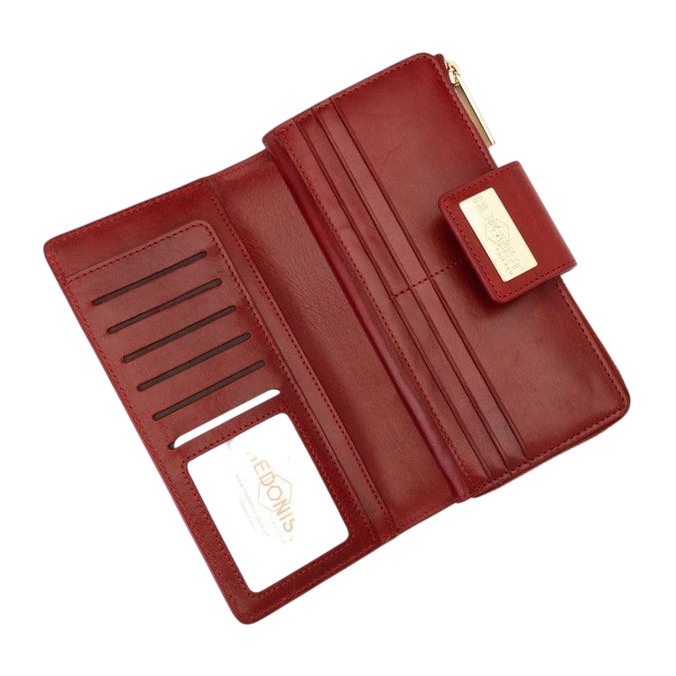 Red leather traveler wallet and Apple Watch band gift set, packaging view
