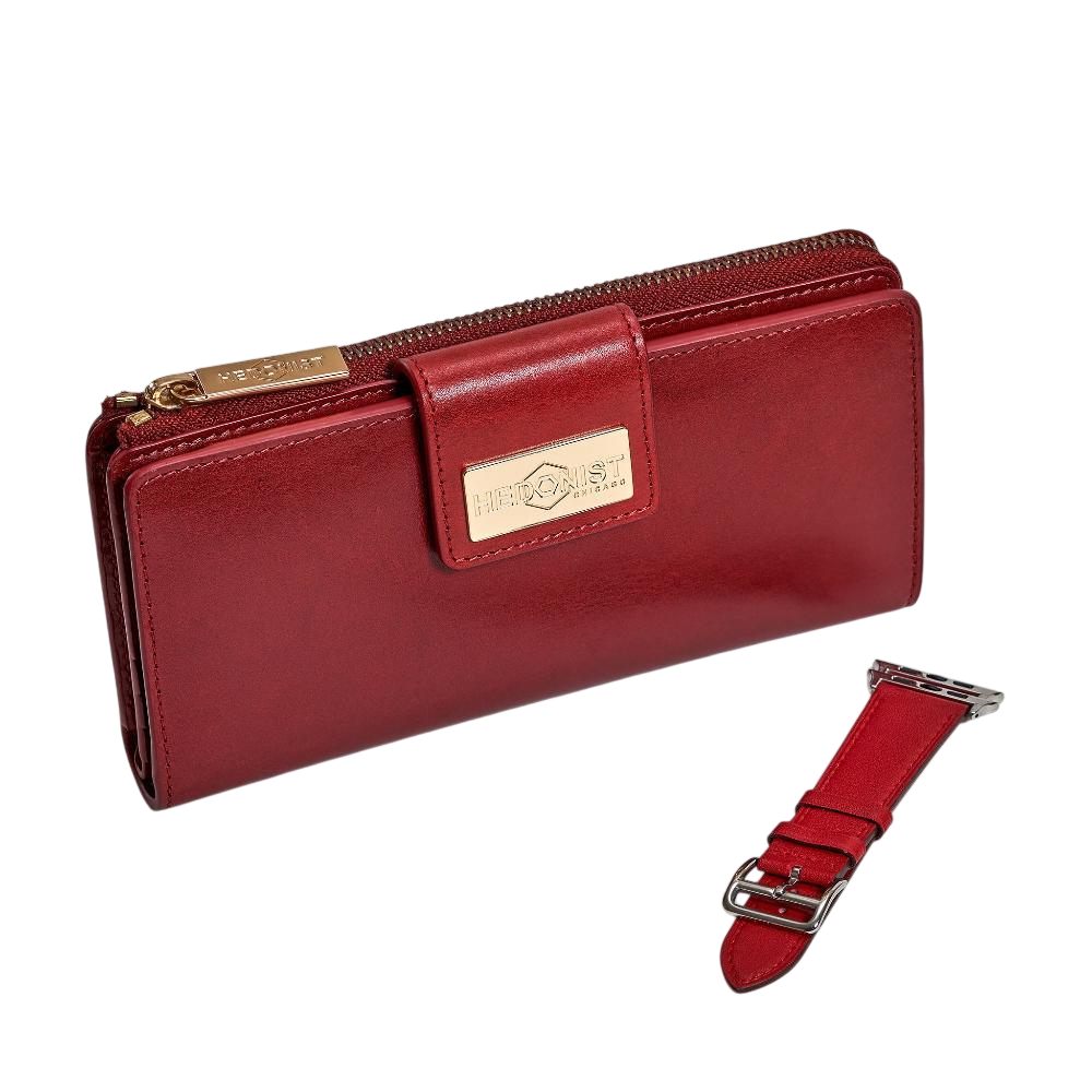 Red leather traveler wallet and Apple watch band gift set - Hedonist Chicago