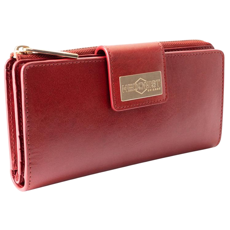 Red leather traveler wallet and Apple Watch band gift set, component detail view