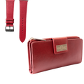 Red leather traveler wallet and Apple Watch band gift set, open display view