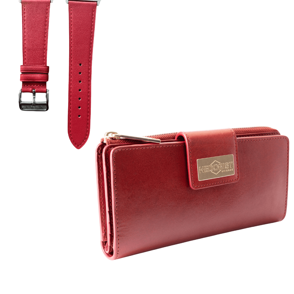 Red leather traveler wallet and Apple Watch band gift set, open display view