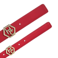 Hedonist Chicago signature buckle close-up on women's reversible design leather belt - red - close-up view (1", reversible with white)