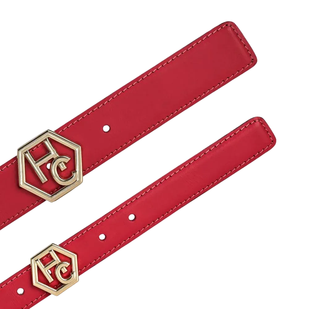 Hedonist Chicago signature buckle close-up on women's reversible design leather belt - red - close-up view (1", reversible with white)