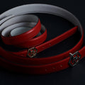Side view on women's signature detail belt - red - Hedonist Chicago - close-up view (1", reversible with white)