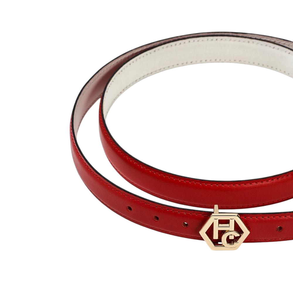 Edge stitching detail on women's signature detail belt - red - Hedonist Chicago - close-up view (1", reversible with white)