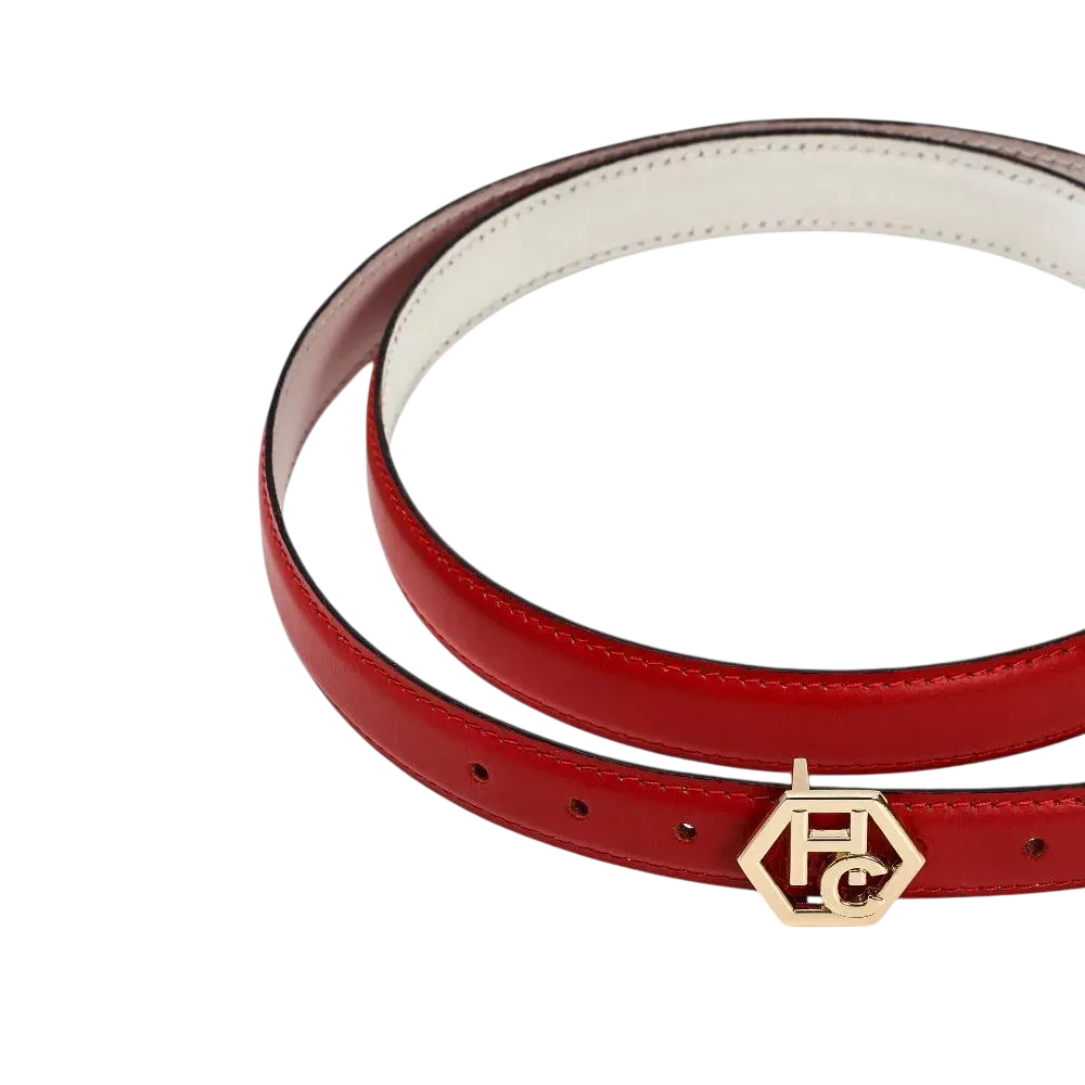 Edge finish detail on women's reversible design leather belt - red - Hedonist Chicago - close-up view (1", reversible with white)