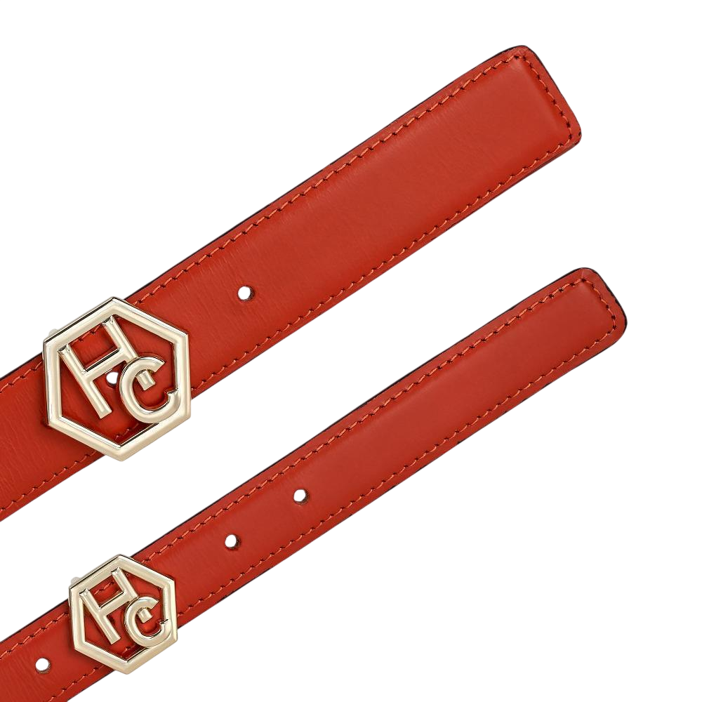 Buckle close-up on women's reversible design leather belt - red - Hedonist Chicago (1"/1.3", reversible with white)