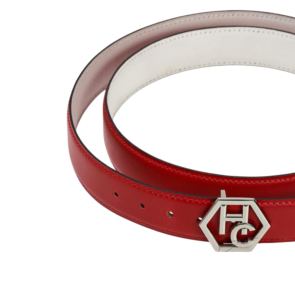 Edge stitching detail on women's reversible design leather belt - red - Hedonist Chicago (1"/1.3", reversible with white)