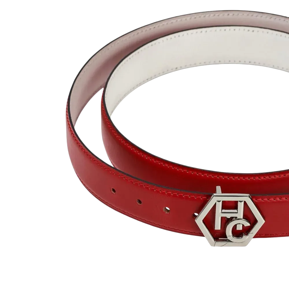 Edge finish detail on women's reversible design leather belt - red - Hedonist Chicago (1"/1.3", reversible with white)