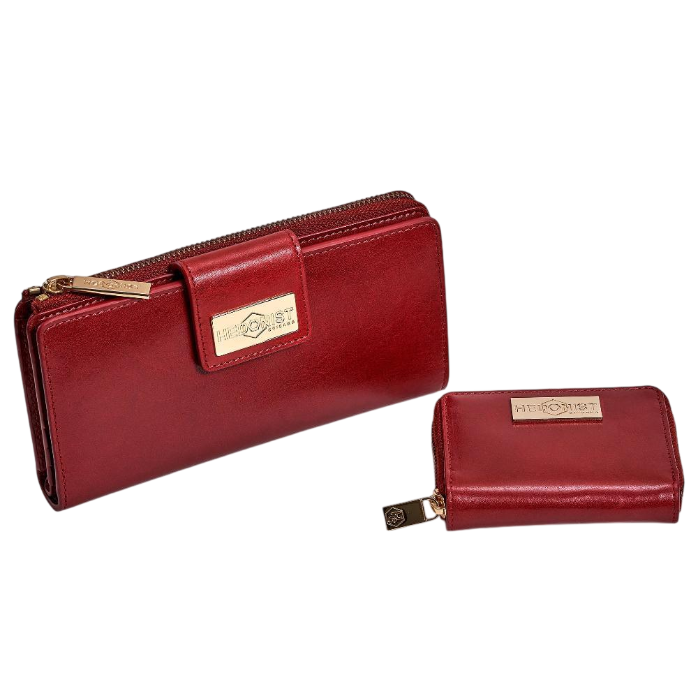 Compact zip wallet and traveler wallet red leather gift set - Hedonist Chicago