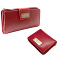 Red leather zip wallet and traveler wallet gift set, open display view
